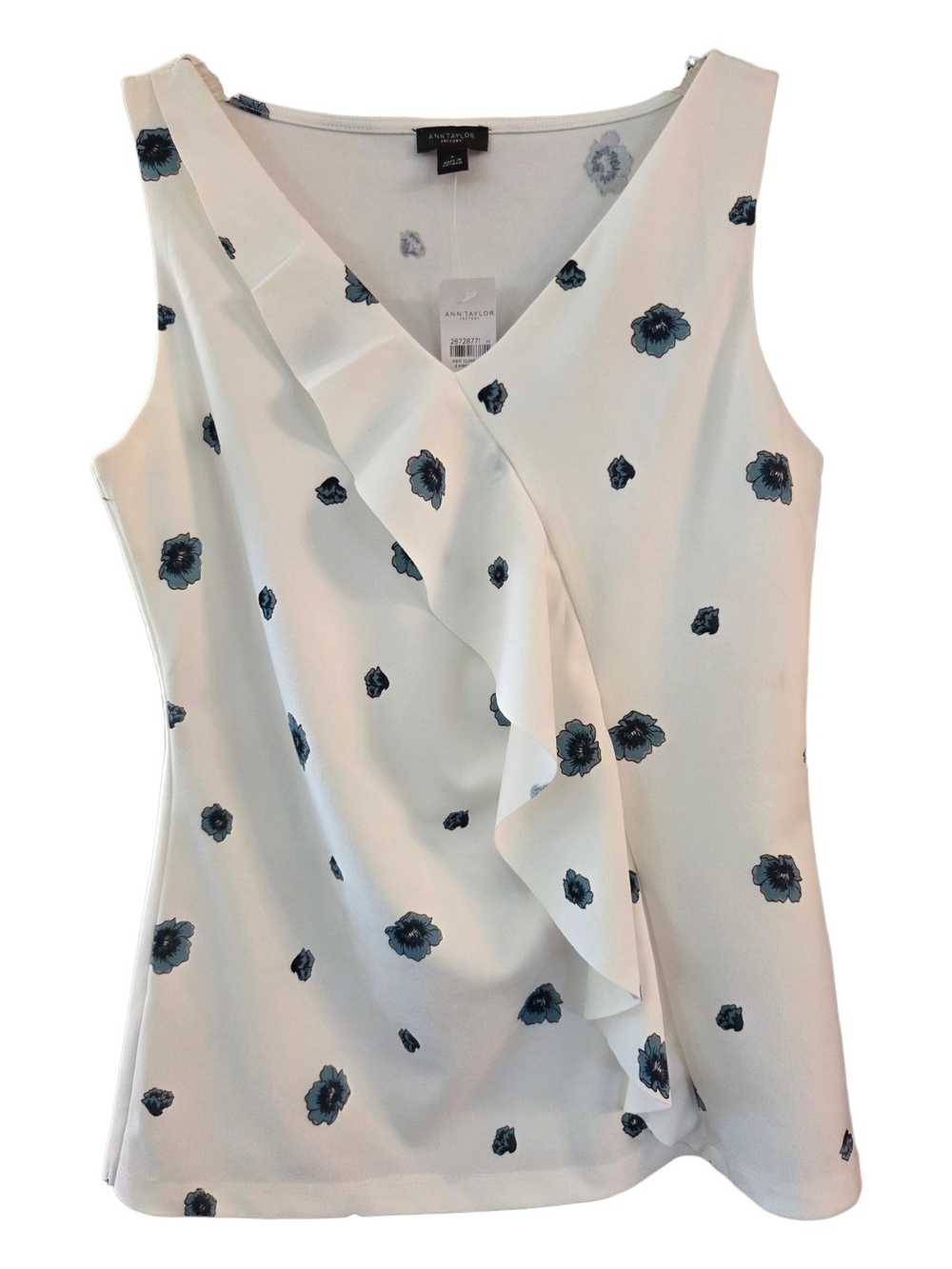 NWT Ann Taylor Factory Ivory Teal Floral Sleeveless V-Neck Ruffle-Front Top-Sz S - Picture 2 of 8